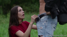 Horny hiker gets to fuck a stunning brunette teen