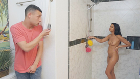 Ebony babe sucks and gets fucked by a stalker