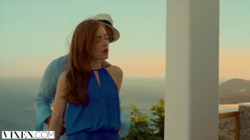 Redheaded babe making love with a bald man